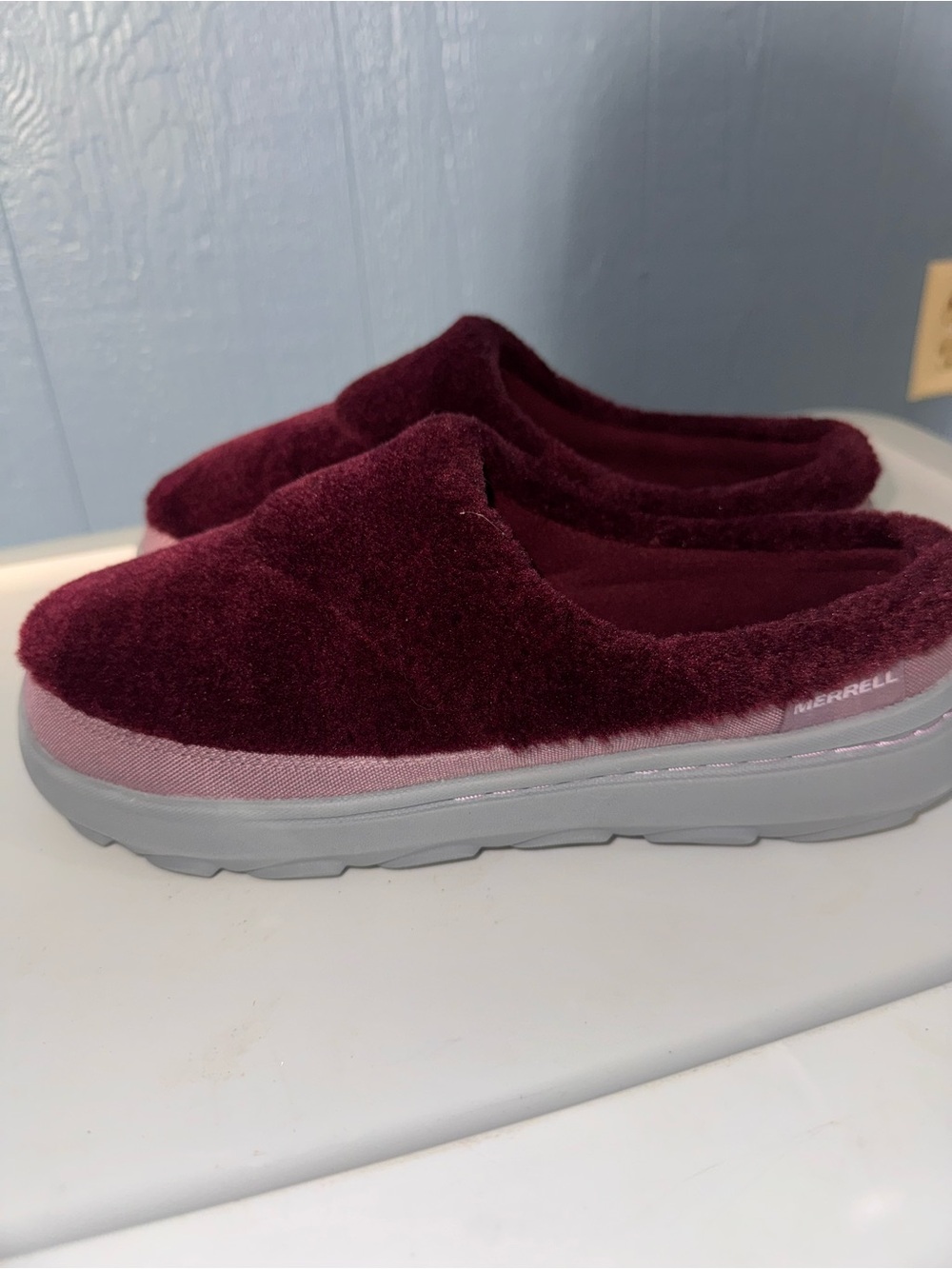 Merrell Plush Slip-On Clog in Deep Plum and Gray